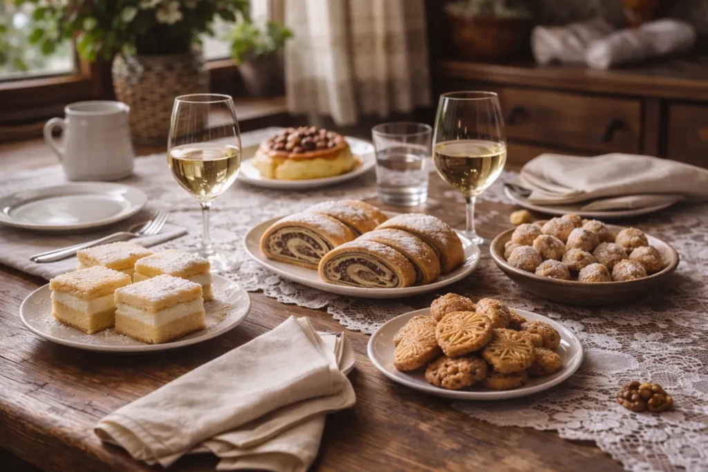 A simple Sunday dessert table in a Croatian home, with homemade cakes, coffee cups and a relaxed, lived-in atmosphere