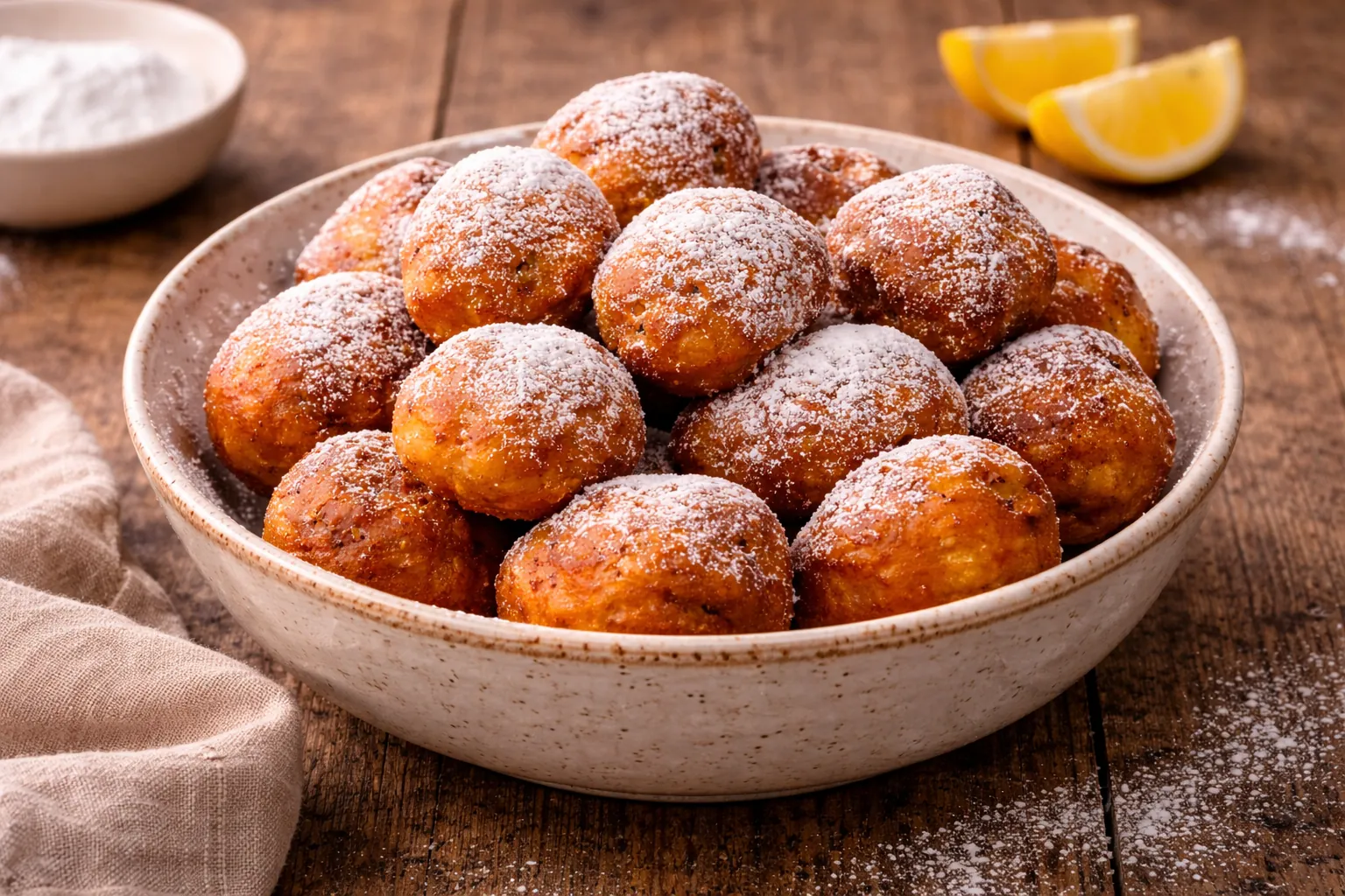 fritule-traditional-croatian-sweets Bowl of traditional Croatian fritule dusted with powdered sugar