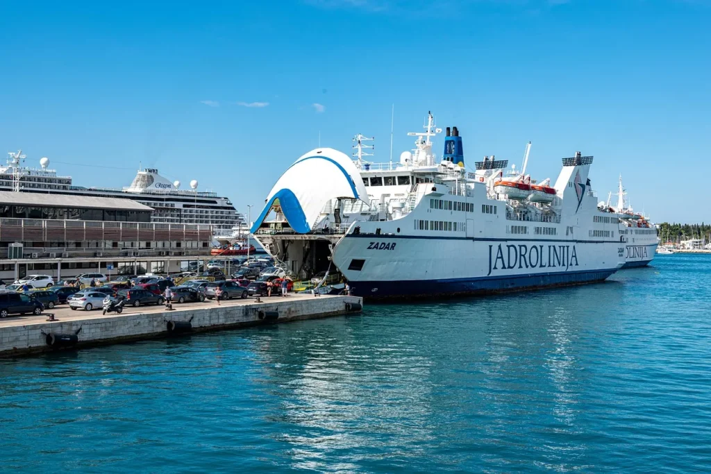 A ferry docked at a Croatian port in Split, showing the reality of island transport along the Adriatic coast