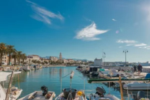 View of Old town Split in Croatia and sea from Matejuska old fisherman port