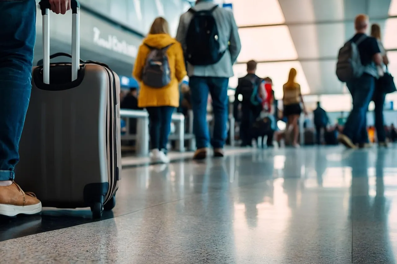 Travelers walking through an airport terminal with carry-on luggage, illustrating the start of planning a trip to Croatia