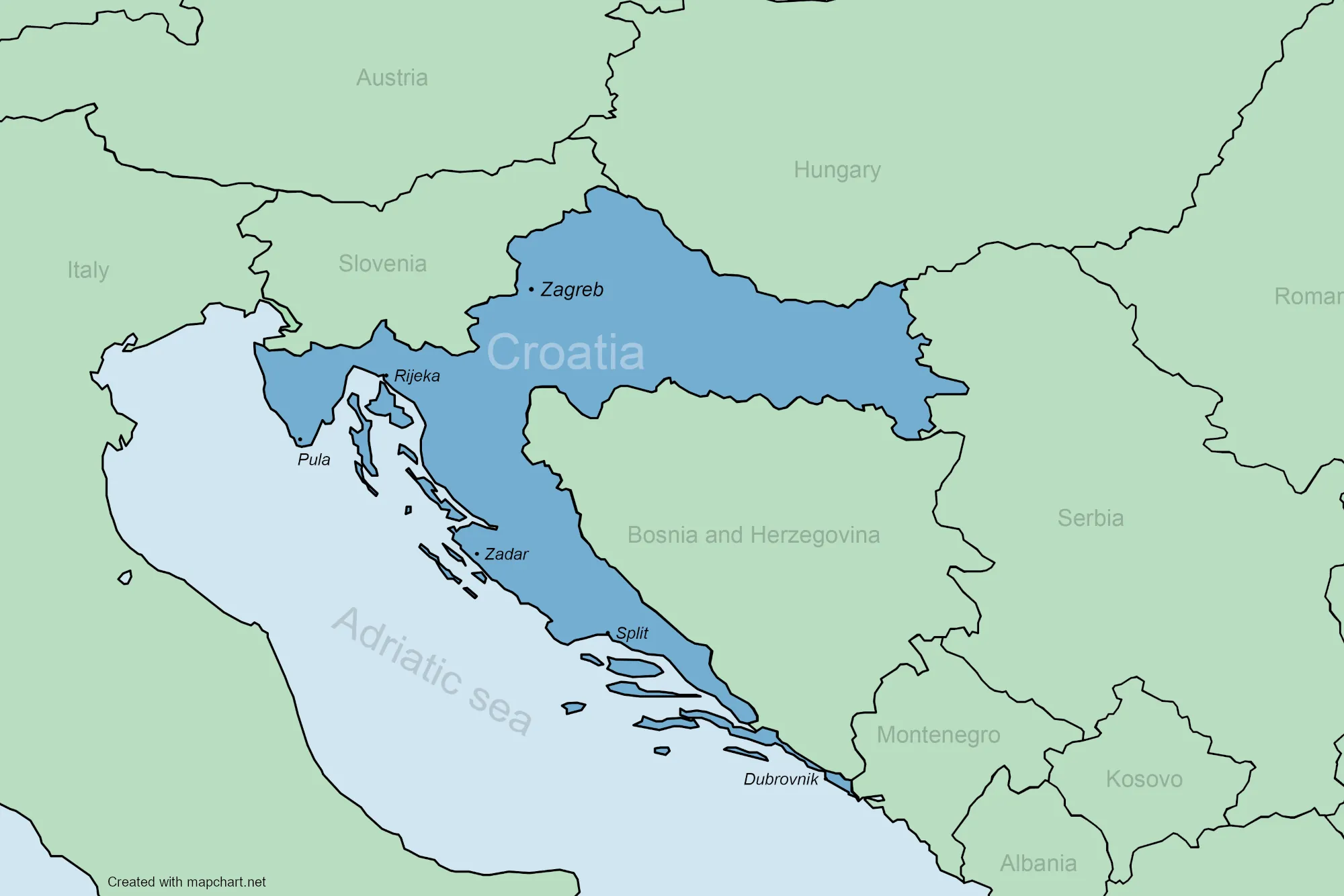 Map of Croatia in southeastern Europe, highlighted along the Adriatic Sea with neighboring countries Slovenia, Hungary, Serbia, Bosnia and Herzegovina, and Montenegro.