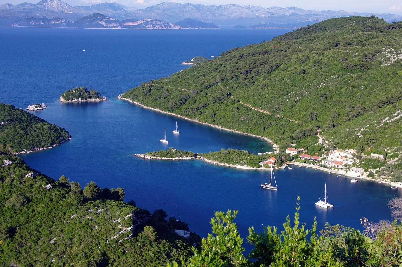 Prožura bay on Mljet island, Croatia, surrounded by forested hills and calm sea