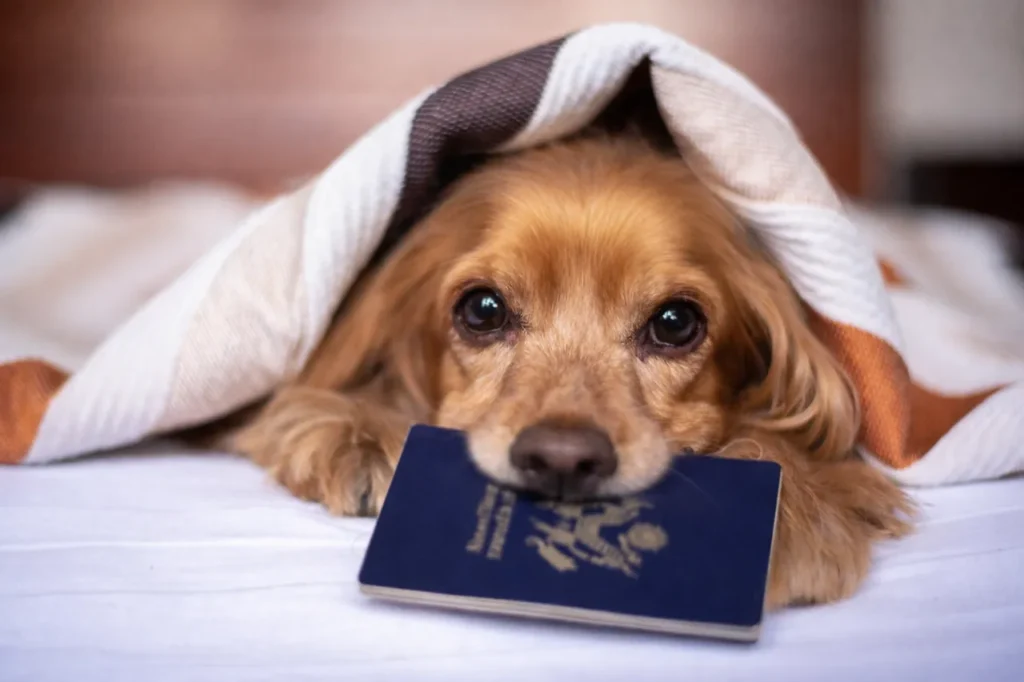 Dog holding a passport while preparing for bringing a dog to Croatia and meeting entry requirements