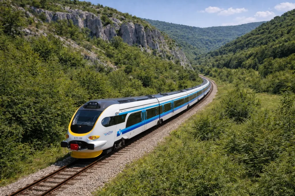 Croatian train travelling through inland countryside on a single railway track