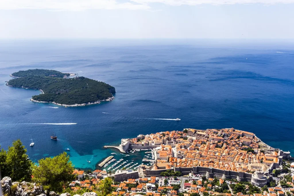 Panoramic view of Dubrovnik Old Town and Lokrum island from Srđ hill