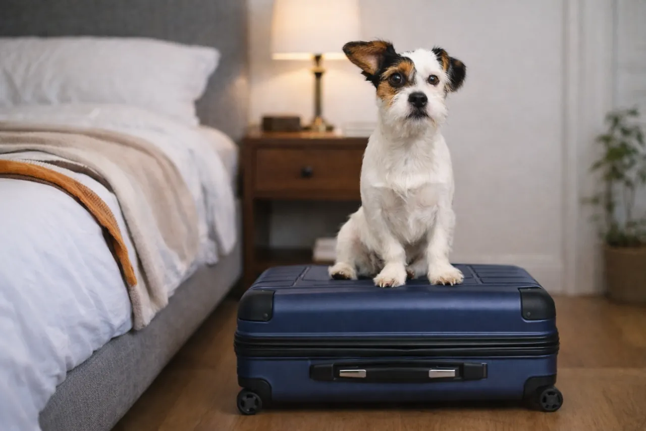 travelling-with-dog-to-croatia-suitcase Dog sitting on a suitcase while preparing for travel to Croatia with a pet