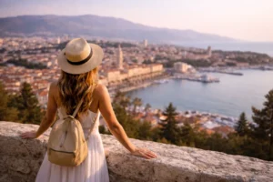 A woman looking over the city of Split from a viewpoint Marjan
