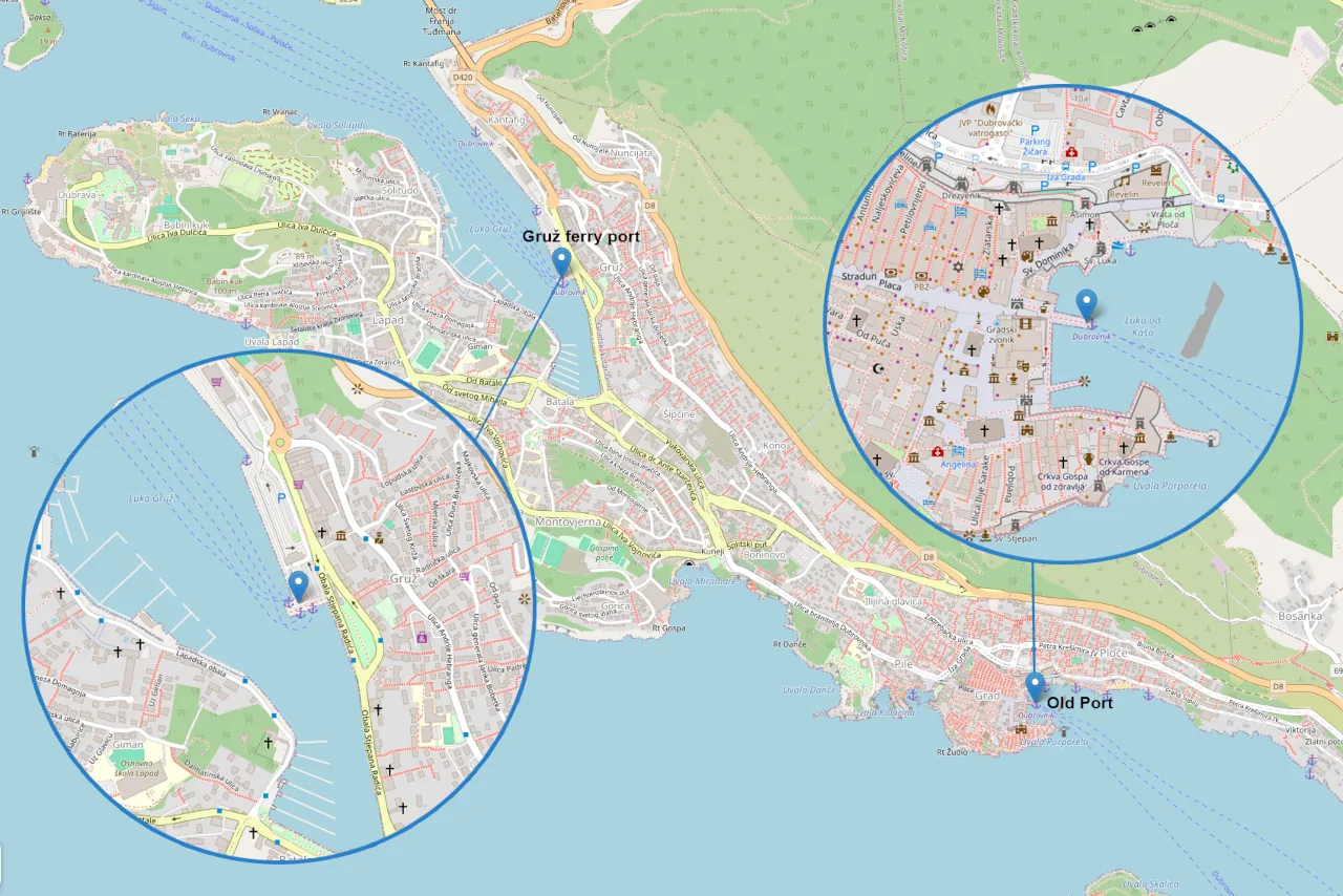 Map of Dubrovnik showing Gruž ferry port and Old Port boat departure points