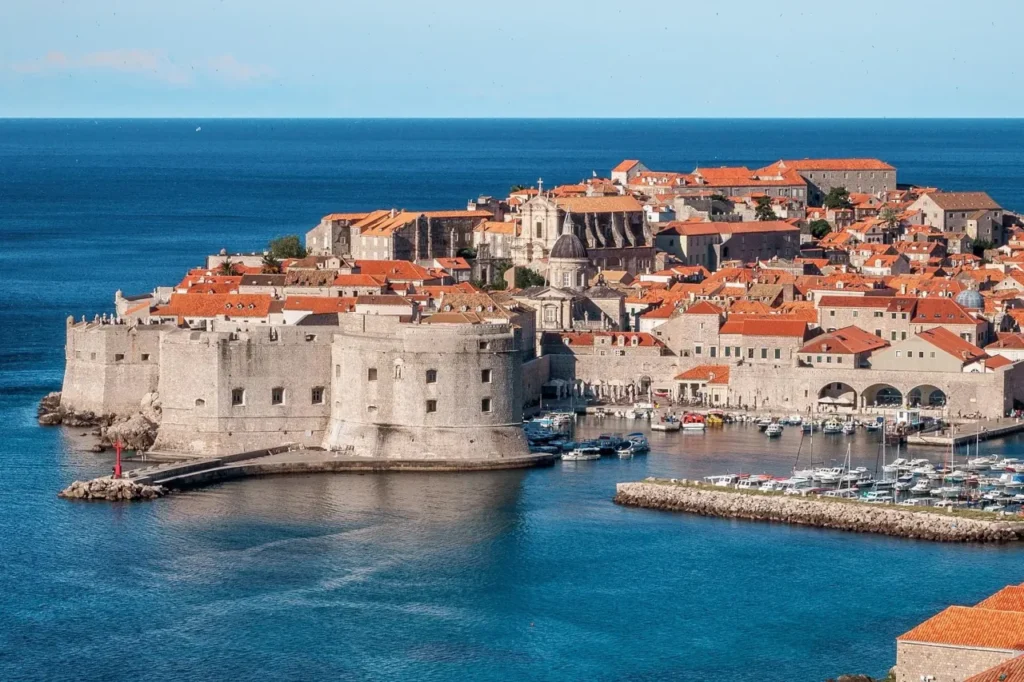 Dubrovnik Old Town harbour and city walls panorama on the Adriatic coast, Croatia