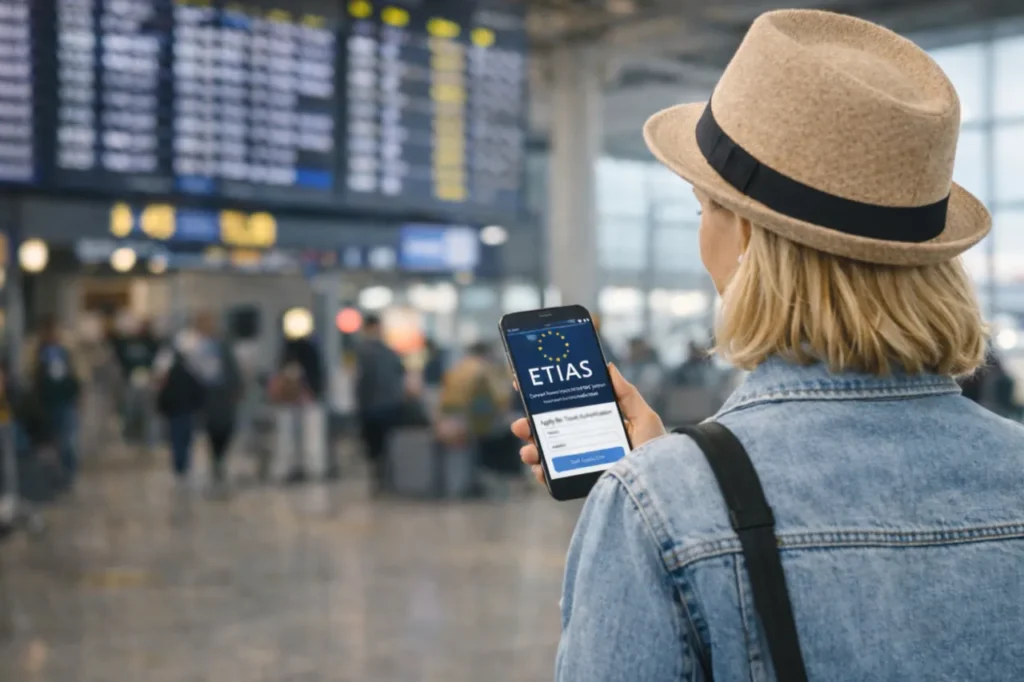Traveller at an airport checking ETIAS travel authorisation on a smartphone before entering Europe