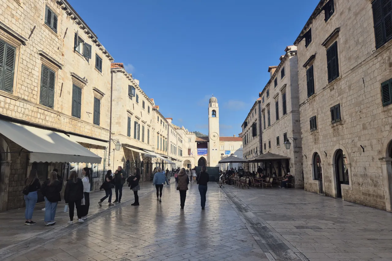 Stradun in Dubrovnik Old Town in spring without crowds and with a few people walking