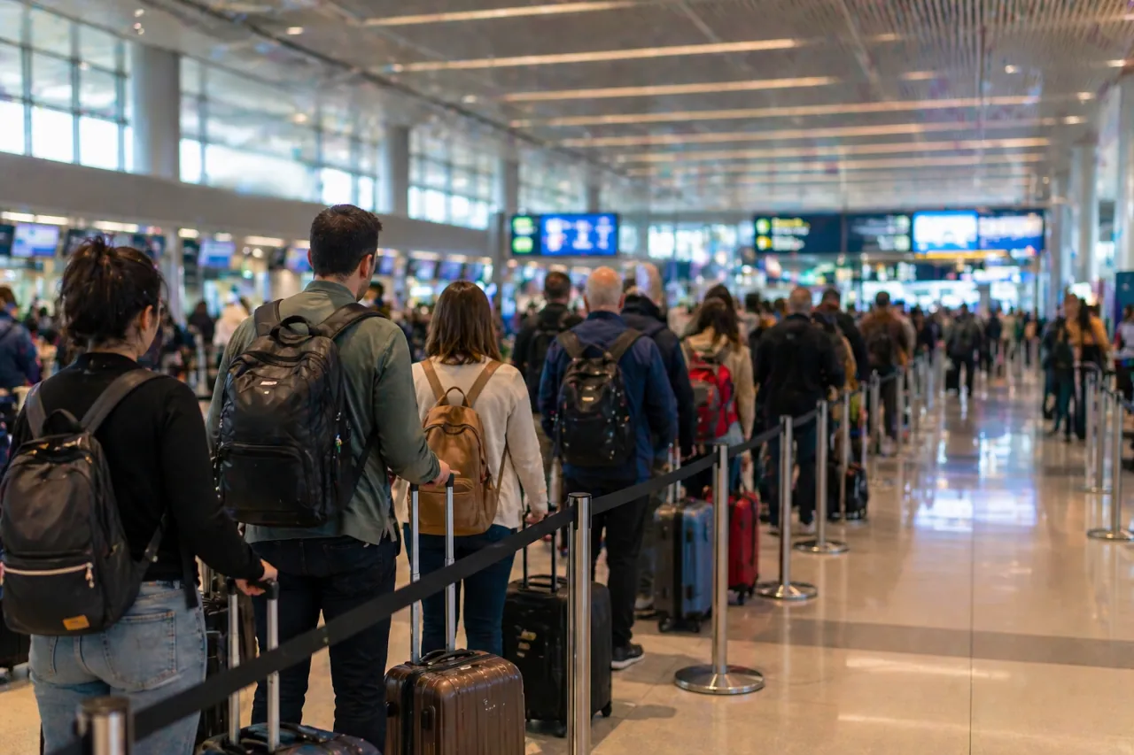 Passengers waiting in line at an airport terminal with luggage before check-in