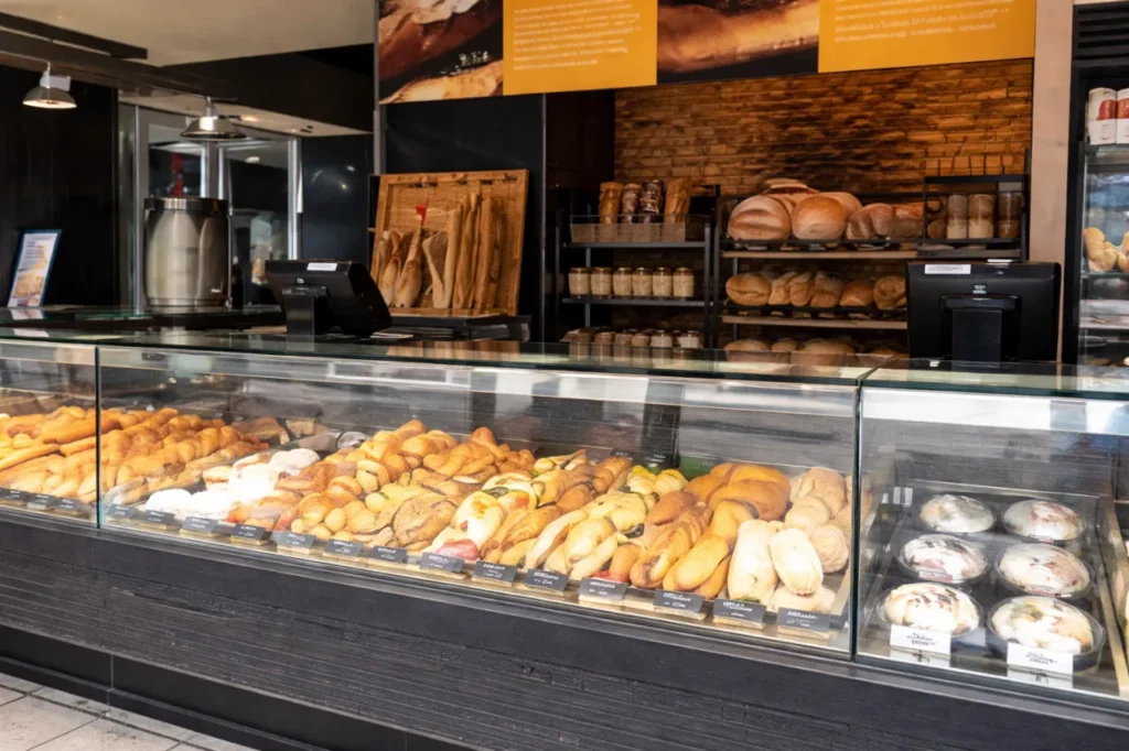 croatian-bakery-display-pastries-dubrovnik Croatian bakery display with a wide selection of fresh pastries and baked goods