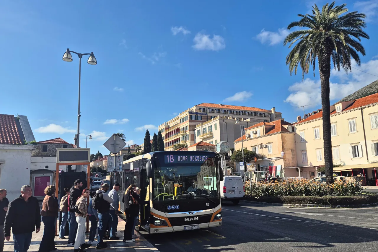 Bus stop and traffic at Pile Gate, main drop-off point for Dubrovnik Old Town