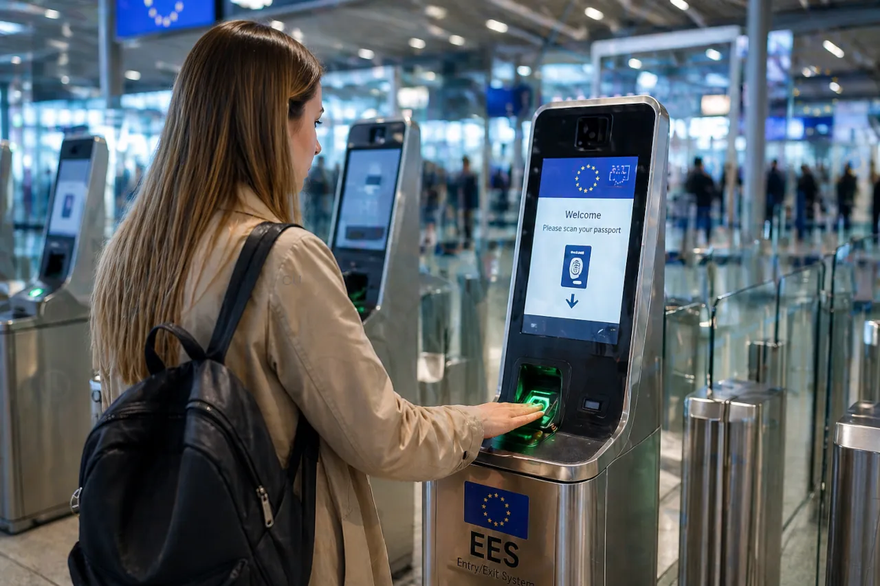 ees-airport-kiosk-biometric-check-europe Traveller using an airport EES Europe kiosk to complete biometric entry registration