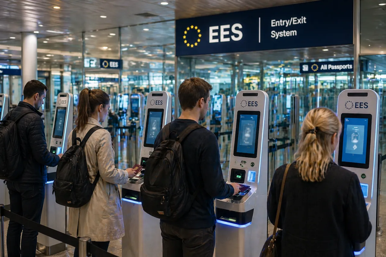 ees-kiosk-airport-passport-scan-europe Travellers using self-service EES kiosks at an airport to scan passports and complete border entry registration