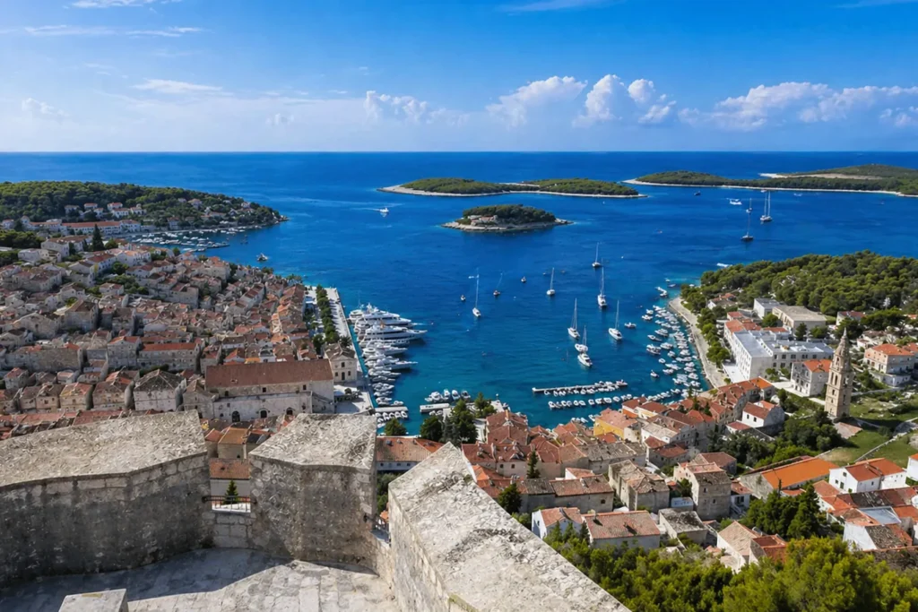Panoramic view of Hvar Town and harbor from Fortica fortress, with boats, red rooftops and Pakleni Islands in the background, Croatia