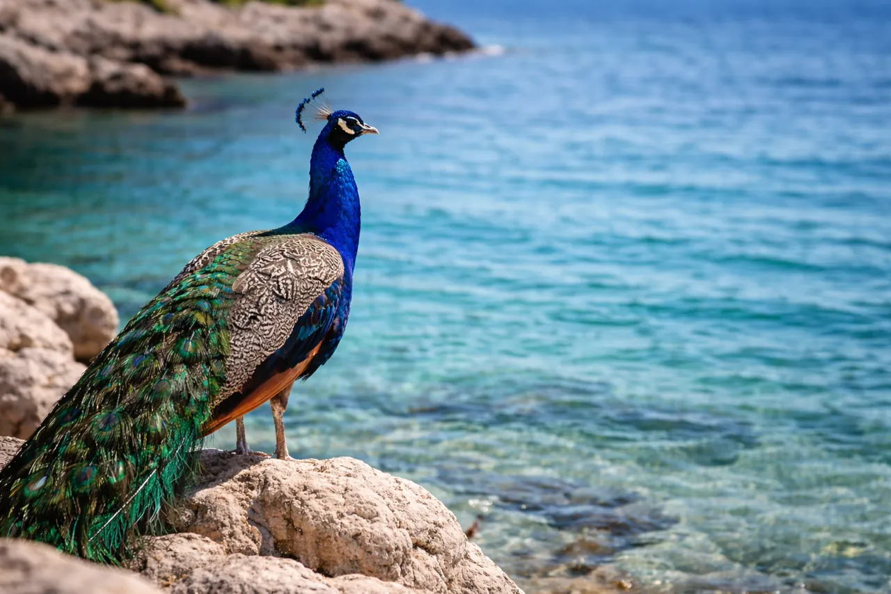 lokrum-peacock-rocky-coast-dubrovnik Peacock standing on rocky coast on Lokrum island near Dubrovnik with Adriatic sea in background