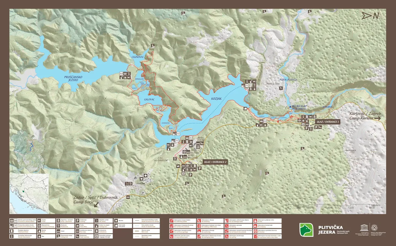 plitvice-lakes-map-routes-entrances Plitvice Lakes National Park map with walking routes, boat crossing and entrances