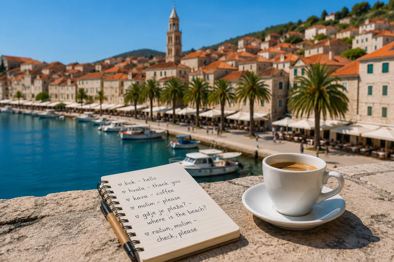Notebook and coffee overlooking a coastal town in Croatia, representing basic Croatian words and phrases for travellers visiting the Croatian coast.