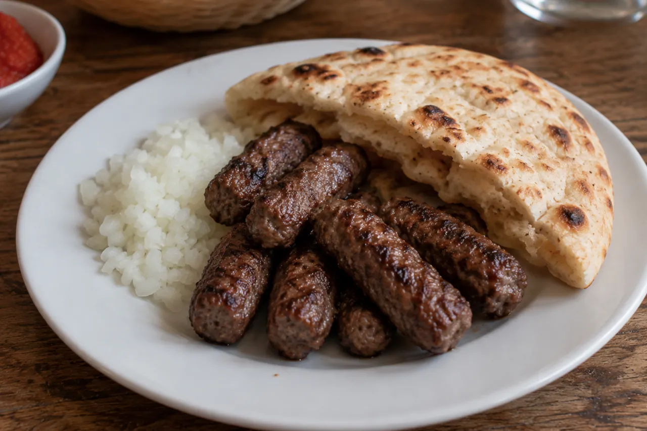 cevapi-flatbread-onions-white-plate Traditional ćevapi with bread and onions served on a simple white plate