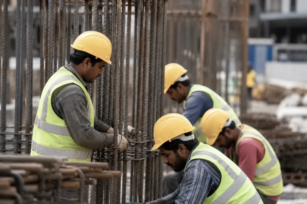 Foreign construction workers at a building site in Croatia wearing safety helmets and reflective vests as Croatian Law on Foreigners changes introduce new rules for foreign workers and residence permits