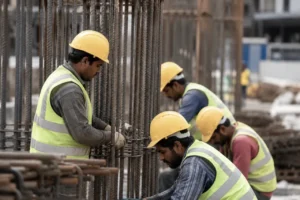 Foreign construction workers at a building site in Croatia wearing safety helmets and reflective vests as Croatian Law on Foreigners changes introduce new rules for foreign workers and residence permits