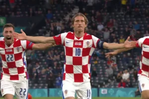 Luka Modrić celebrating for Croatia national football team during a major international tournament