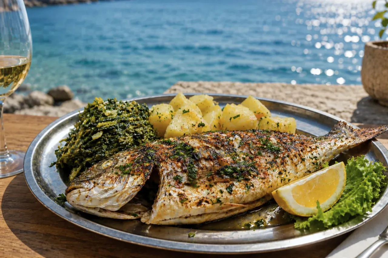 croatian-food-dalmatian-grilled-fish-sea-view-restaurant Whole grilled fish with Swiss chard and potatoes served at a seaside restaurant in Dalmatia, a classic Croatian food experience