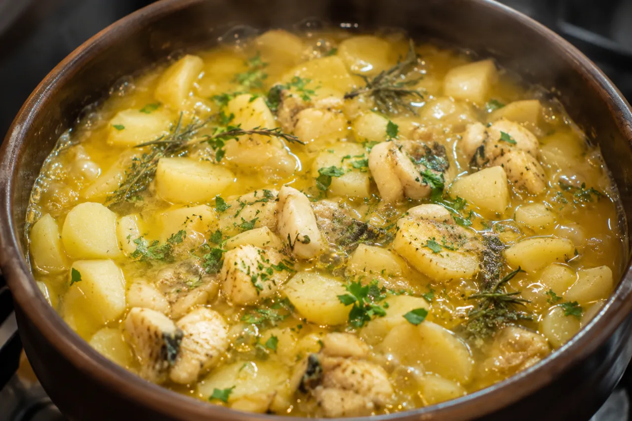 dalmatian-gregada-fish-stew-potatoes Traditional Dalmatian gregada with fish and potatoes cooked in olive oil and herbs