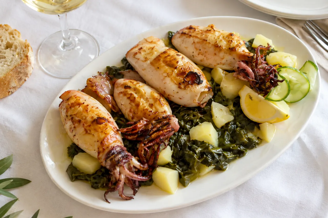 dalmatian-grilled-squid-blitva-potatoes Grilled squid with blitva and potatoes served in a Dalmatian style