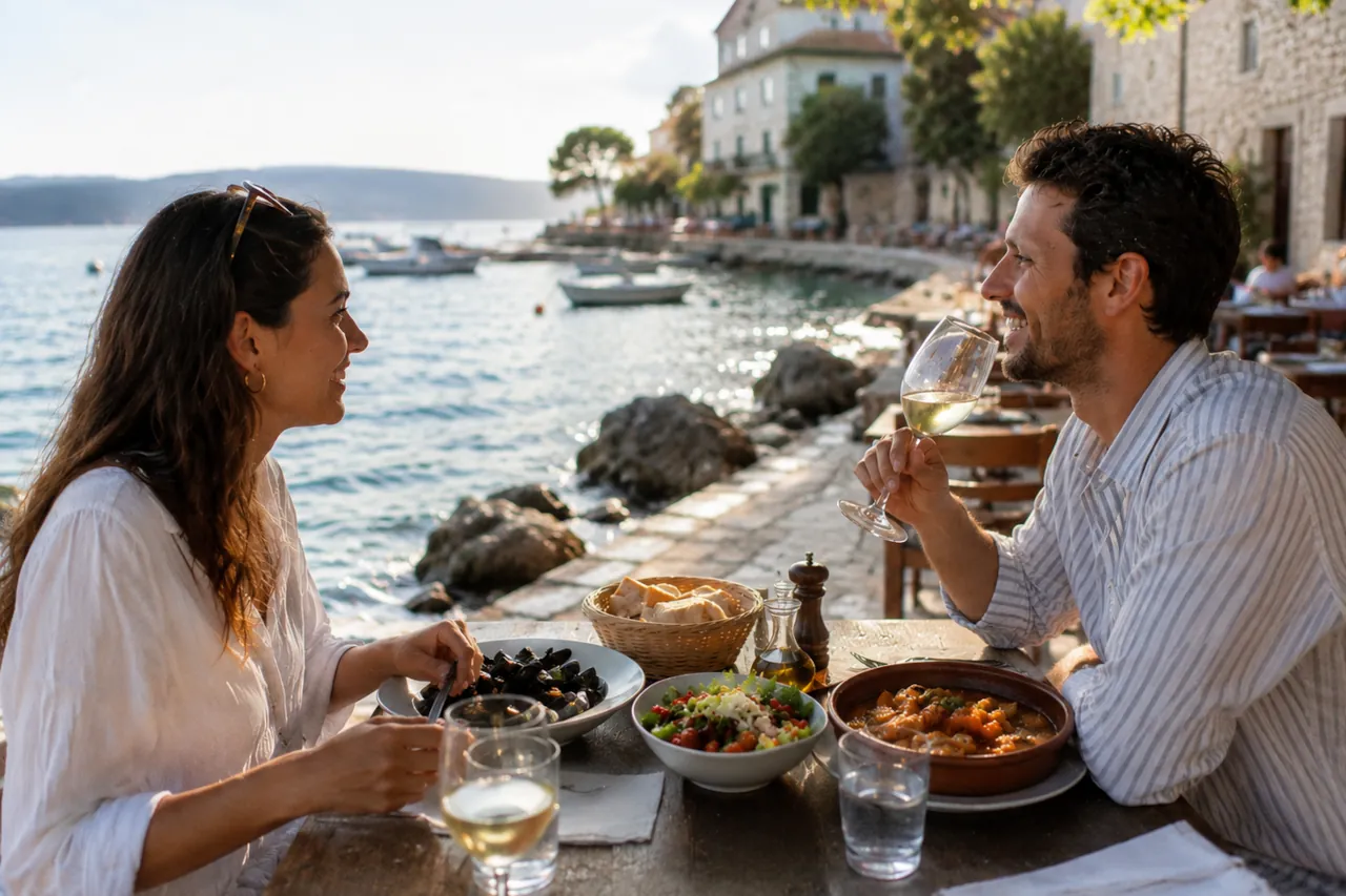 People enjoying local Dalmatian food by the sea at a coastal restaurant, illustrating what to eat in Croatia