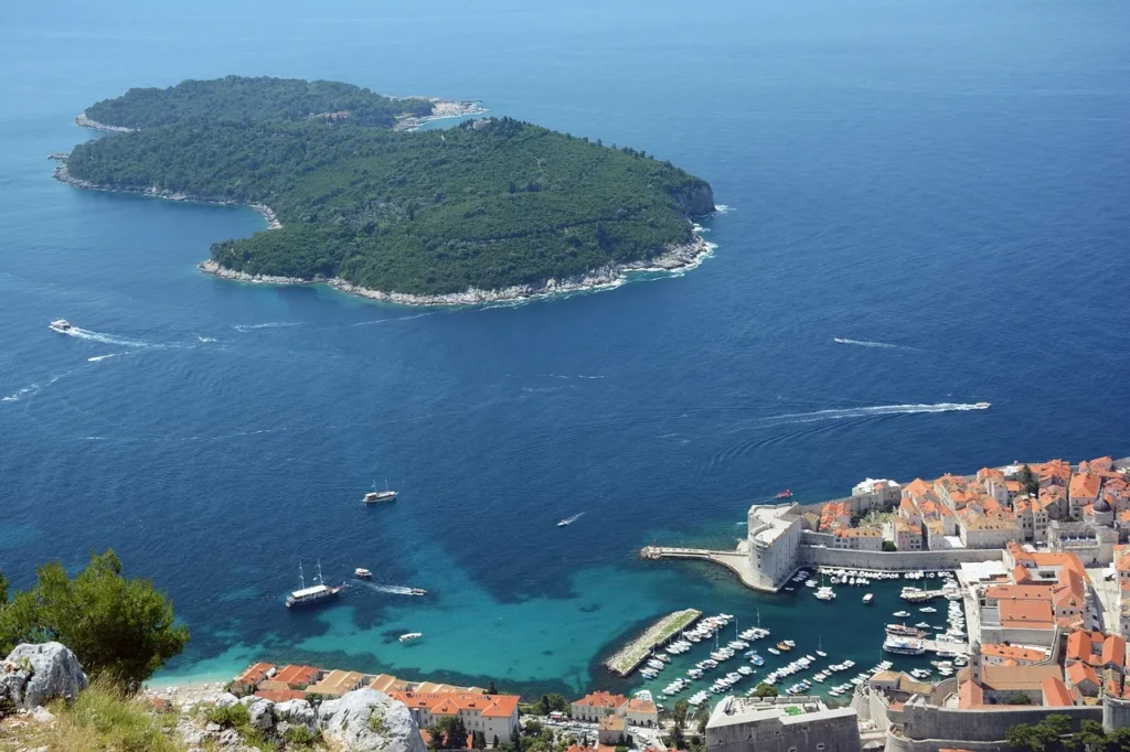 Aerial view of Dubrovnik Old Town and Lokrum Island following the new Lokrum boat schedule announcement