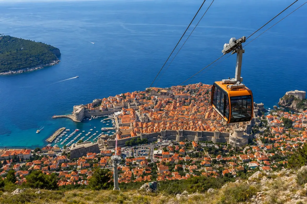 Dubrovnik cable car ride view over Old Town, city walls and Adriatic sea from Mount Srđ in Croatia