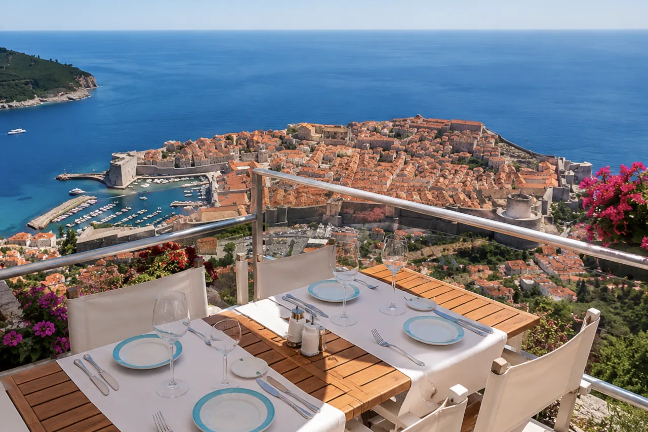 dubrovnik-panorama-restaurant-view-mount-srd-old-town Dining terrace of Panorama restaurant on Mount Srđ with panoramic view over Dubrovnik Old Town and Adriatic Sea