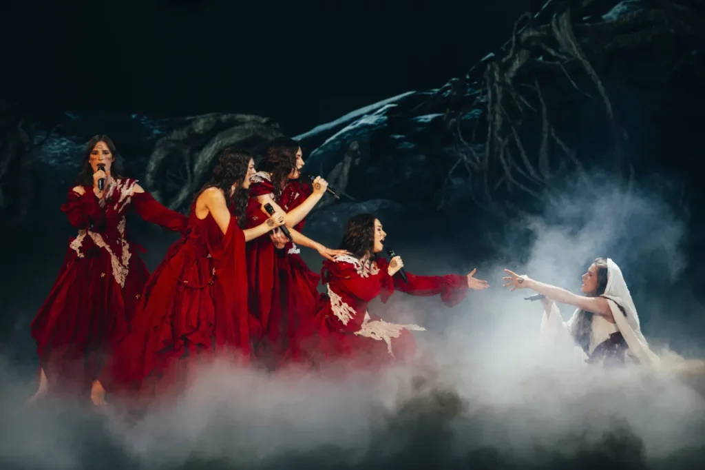 Croatian Eurovision group LELEK performing “Andromeda” during Eurovision 2026 in Vienna