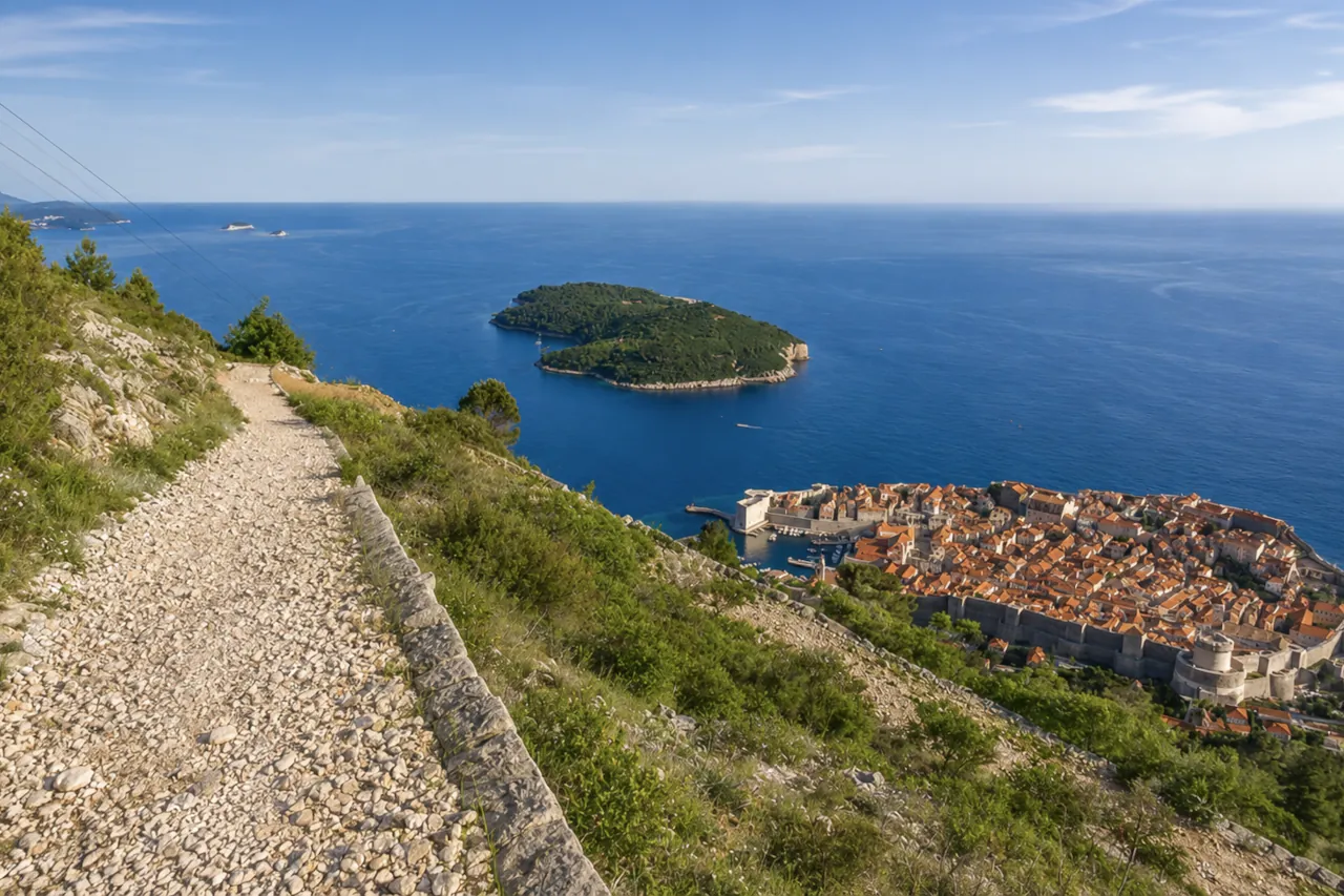 mount-srd-hiking-trail-view-dubrovnik-old-town Hiking trail on Mount Srđ overlooking Dubrovnik Old Town, Adriatic Sea and Lokrum island