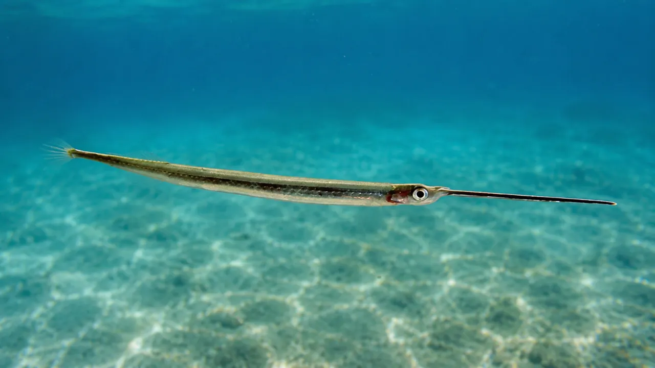 needlefish-croatian-adriatic Needlefish swimming in shallow water in the Croatian Adriatic Sea