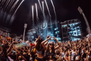 Crowd at Ultra Europe festival in Split, Croatia during a night performance at Park Mladeži stadium