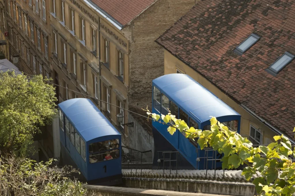 Blue Zagreb Funicular railway in the historic centre of Zagreb, Croatia