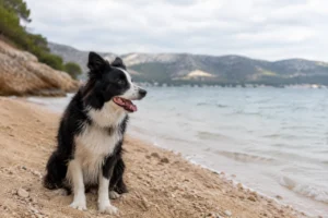 Border Collie sitting on a Croatian beach illustrating dangers for dogs in Croatia