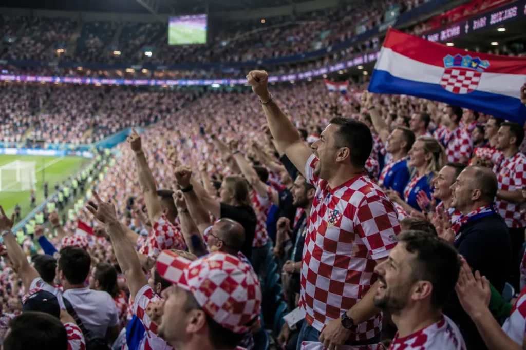 Croatian football fans singing and cheering in the stadium stands during a match, celebrating with flags and traditional Croatian football songs and chants