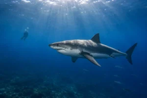Great white shark (Carcharodon carcharias), one of the sharks in Croatia, swimming through clear blue water