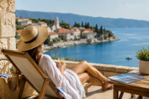 Woman relaxing on a sun lounger during the Croatian public holidays on the Adriatic coast.
