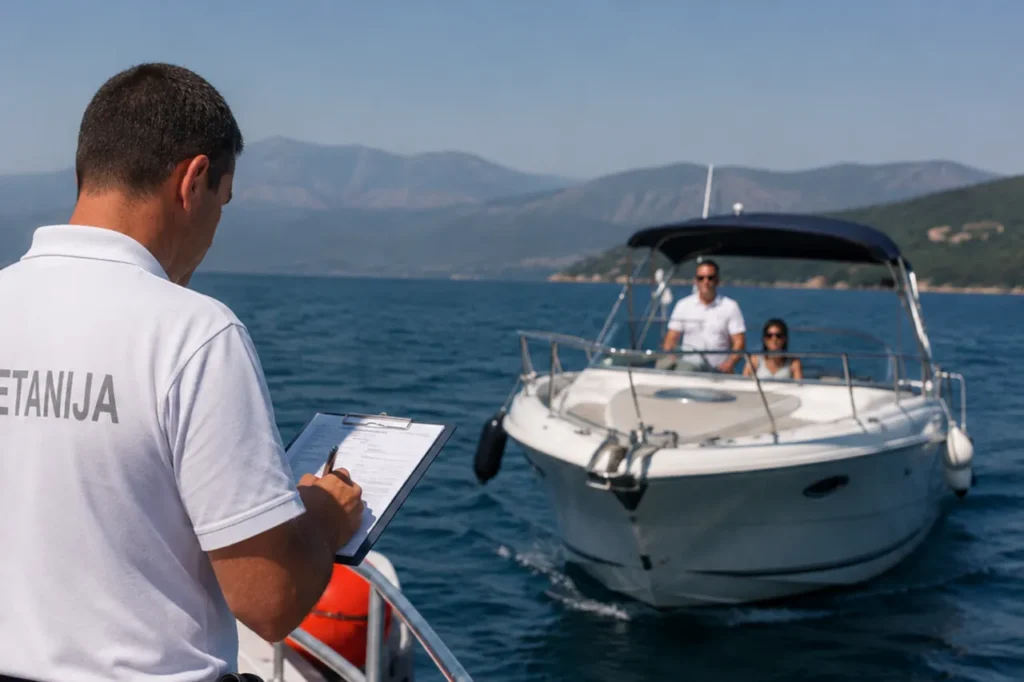 Illustration of a maritime authority officer recording details during a boat inspection related to boating fines in Croatia