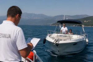 Illustration of a maritime authority officer recording details during a boat inspection related to boating fines in Croatia