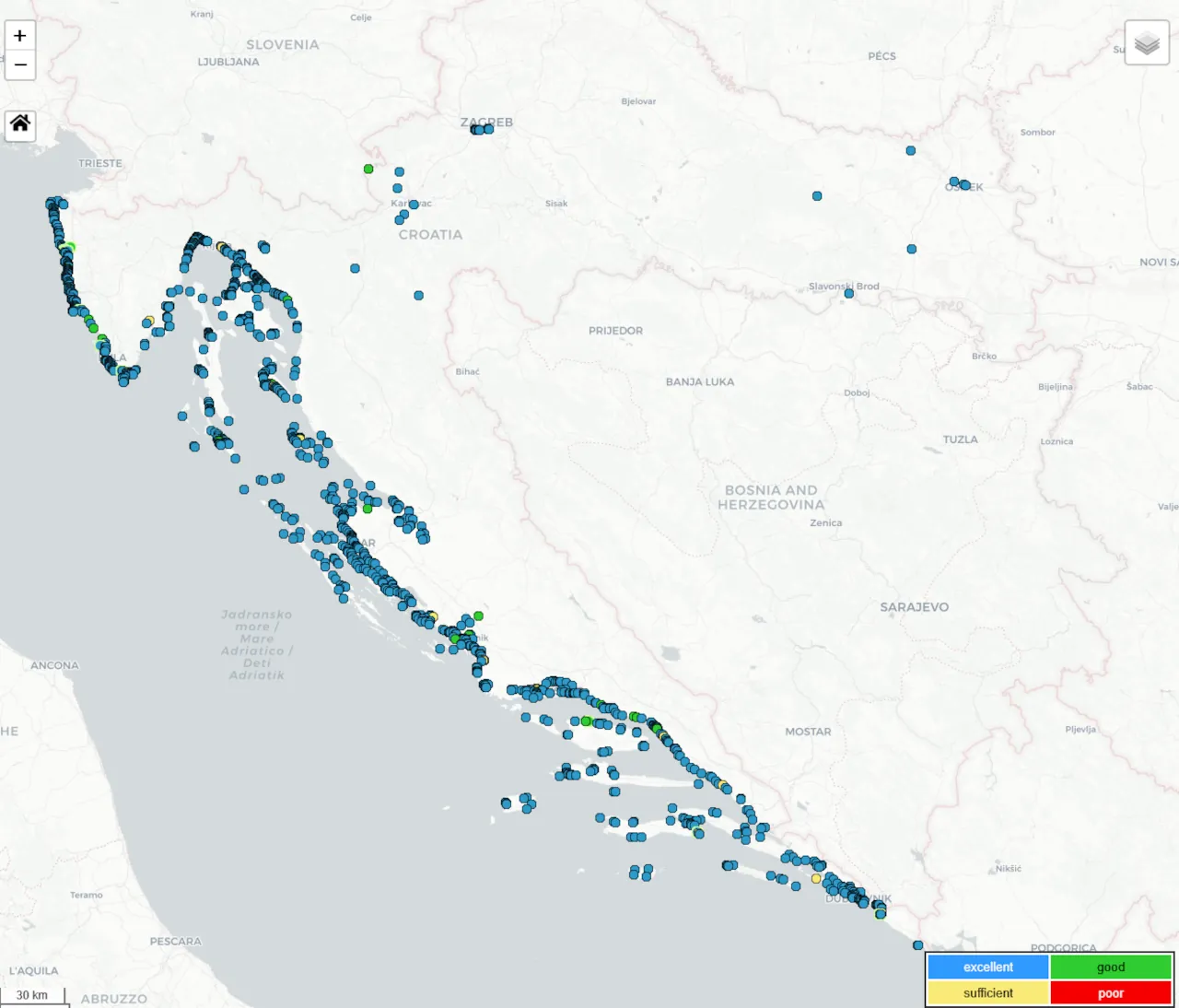 Map showing Croatia beach water quality in July 2026, with most monitored locations rated excellent