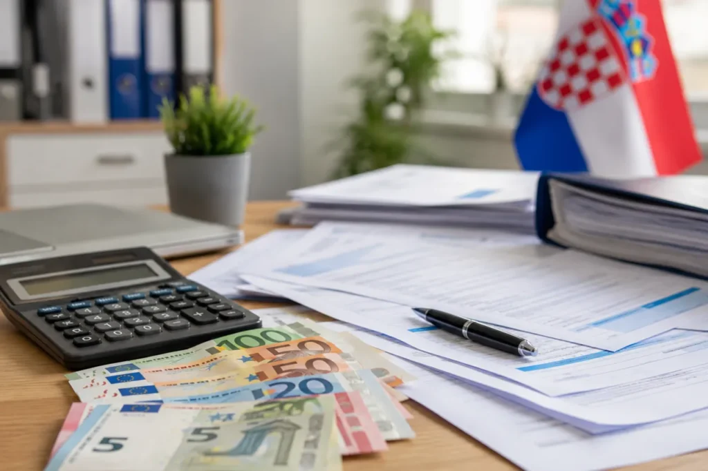 Euro banknotes and a calculator illustrating tax changes in Croatia in 2027