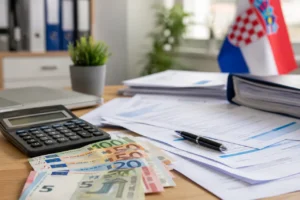 Euro banknotes and a calculator illustrating tax changes in Croatia in 2027